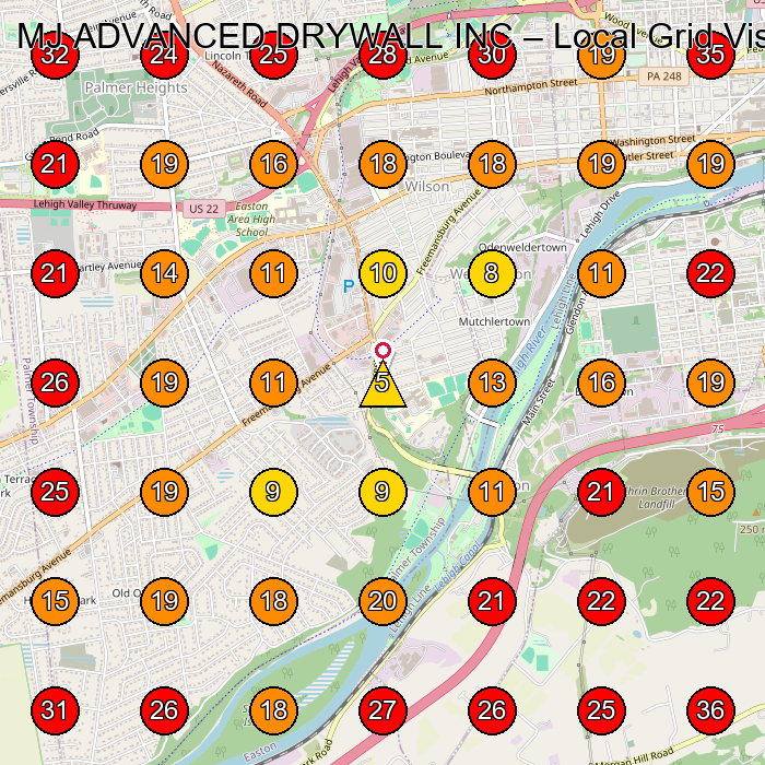 MJ ADVANCED DRYWALL INC GeoGrid visibility map for Moving Company in None